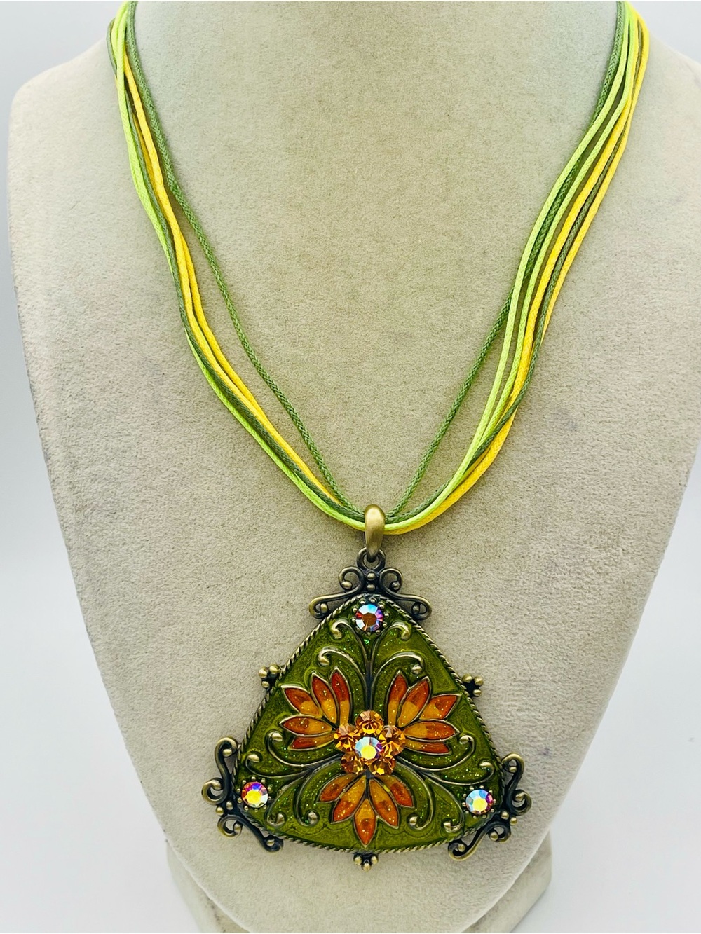 Green and Orange Floral Triangular Pendant Multi Strand Necklace. 16 inch